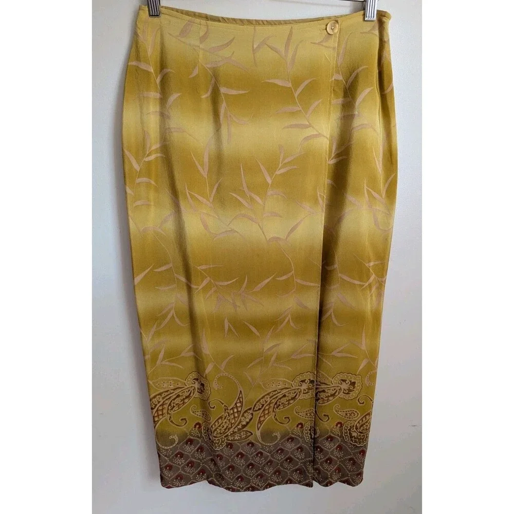 Y2K 90s Silk Wrap Maxi Skirt Mustard Gold Paisley Border Print Tagged 10